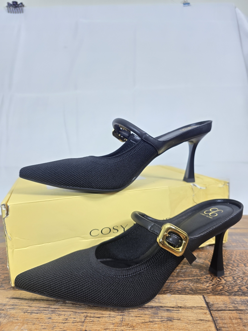 Cosy Island Gracelithe Black Pointed Knit Mules with Gold Buckle Size 7 - Picture 3 of 16